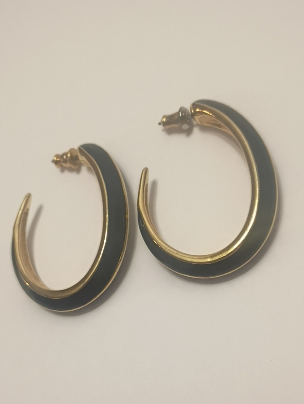 Trifari Gold and Black Enamel Crescent Hoop Earrings Signed